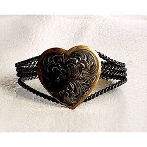 Vintage Sterling Silver Rope Enchanted Heart Western Cuff Bracelet  35.70g